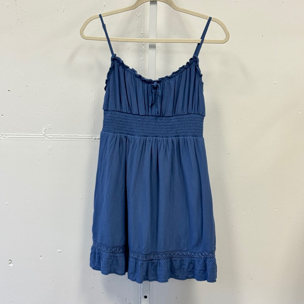 Roxy Blue Smocked Waist Ruffle Hem Mini Sundress Medium Viscose Cotton Lined